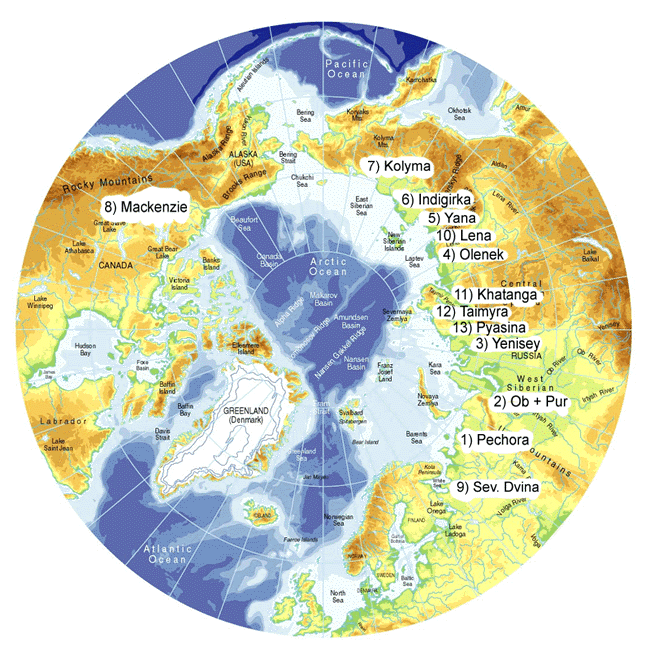 Names and locations of the thirteen major arctic rivers.