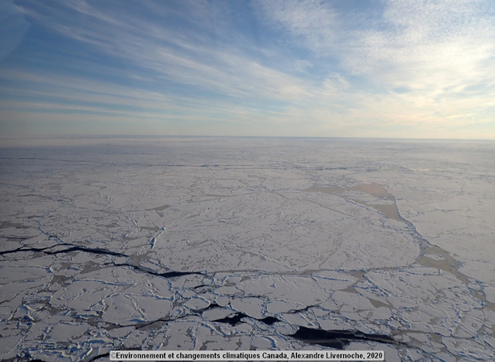 View of the ice with pressure ridges from the helicopter ice-reconnaissance flight.