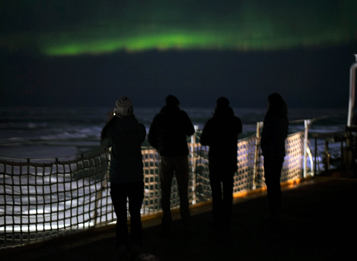Viewing the northern lights at 4 am from the helicopter deck.