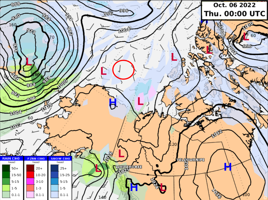 The weather forecast for tomorrow morning (the time is UTC while the ship’s time is currently in Alaska time). The black contours denote lines of constant pressure (or isobars) - notice the low-pressure center of the typhoon in the upper left corner. The small black flags denote wind speed and direction with each line corresponding to 10 knots of wind. The various color patches are the predicted precipitation in both magnitude (how dark the color is) and the type of precipitation (the different colors: green, red, and blue). The red circle is a rough estimate of our current location just off the northern coast of Alaska (Map by the Canadian Coast Guard).