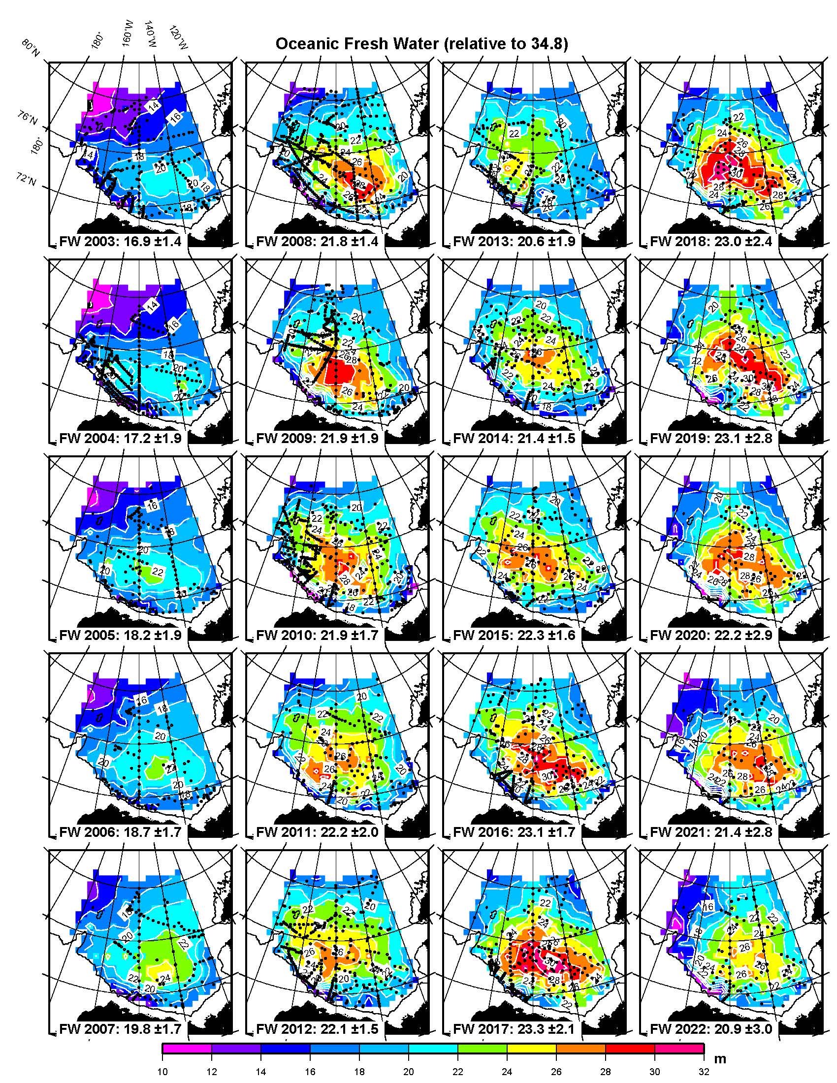 Figure 2  FWC in the BGR based on hydrographic measurements as in Figure 1c. The black dots indicate locations of observational sites. The white lines duplicate contours of FWC distribution shown in colors. Numbers at the bottom of each panel indicate total FWC in the region (10³ km³) and root‐mean‐square error of freshwater content interpolation (10³ km³).
