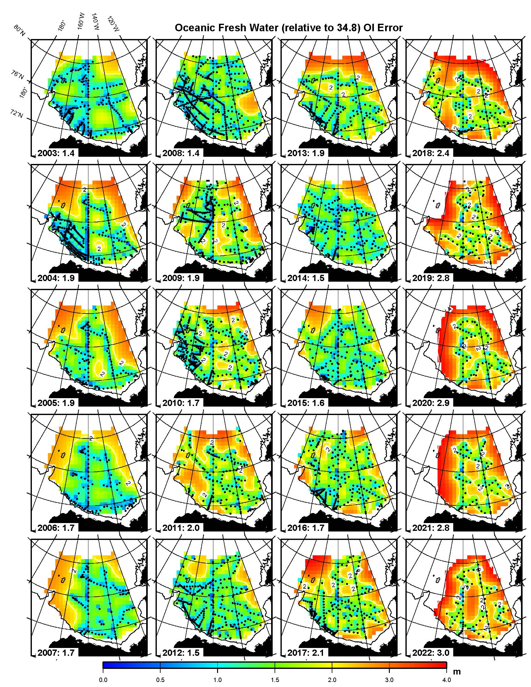 Figure 3  FWC errors in the Beaufort Gyre region associated with the optimal interpolation method. See Proshutinsky et al., 2009 for more details.
