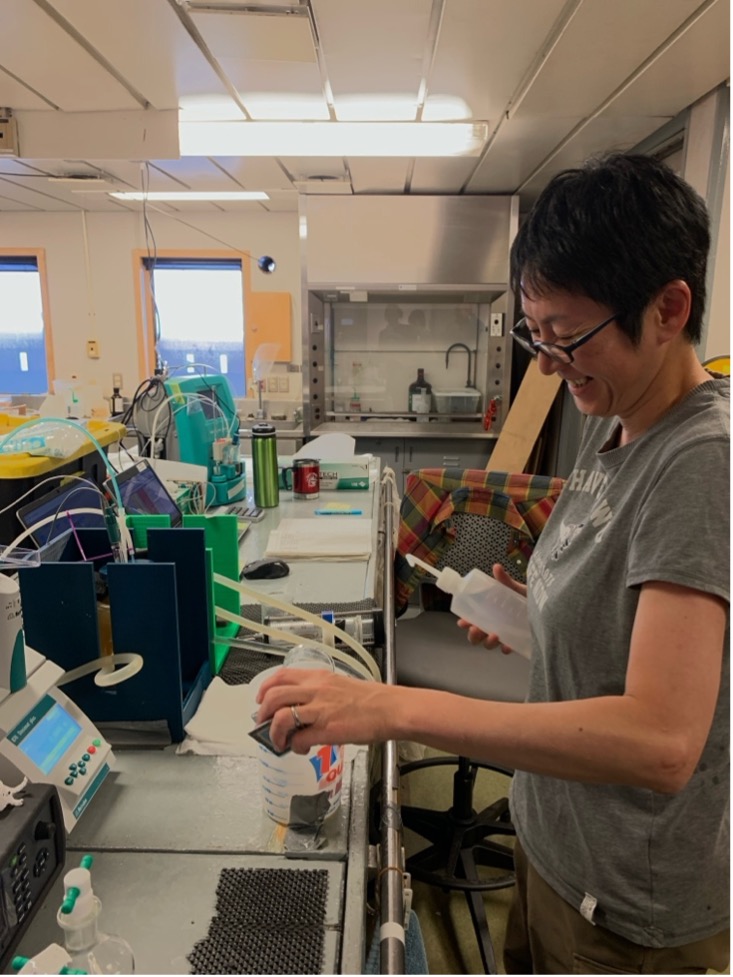 Michiyo Yamamoto-Kawai running a water sample to obtain its alkalinity.