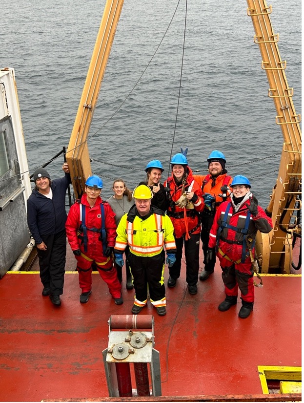 The daytime watch-standers on their last CTD rosette cast of the expedition, with winchman Glenn Keeper (Photo by Sarah Zimmermann)