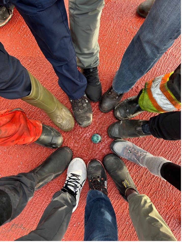 Some of the science crew playing hacky sack on the helicopter deck (Photo by Sarah Zimmermann)