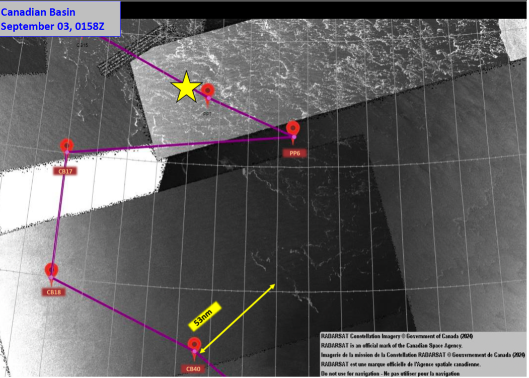 The most recent radar image showing our cruise path, our location at the yellow star, and the surrounding ice floes (Retrieved from Alexandra Couroyer, the weather/ ice specialist on board)