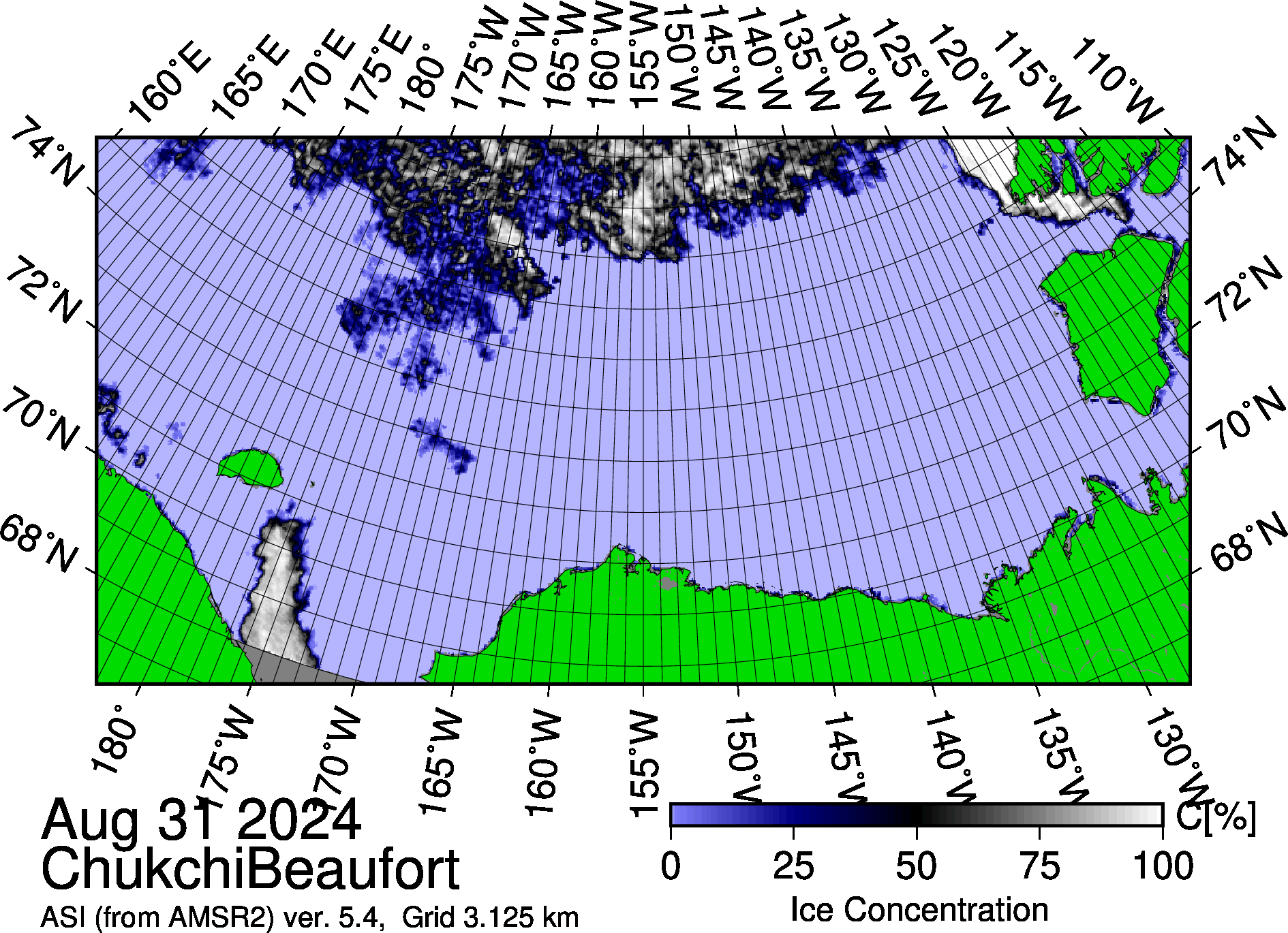 Most recent sea ice concentration map (8/31/2024-Source: https://seaice.uni-bremen.de/sea-ice-concentration/amsre-amsr2/)