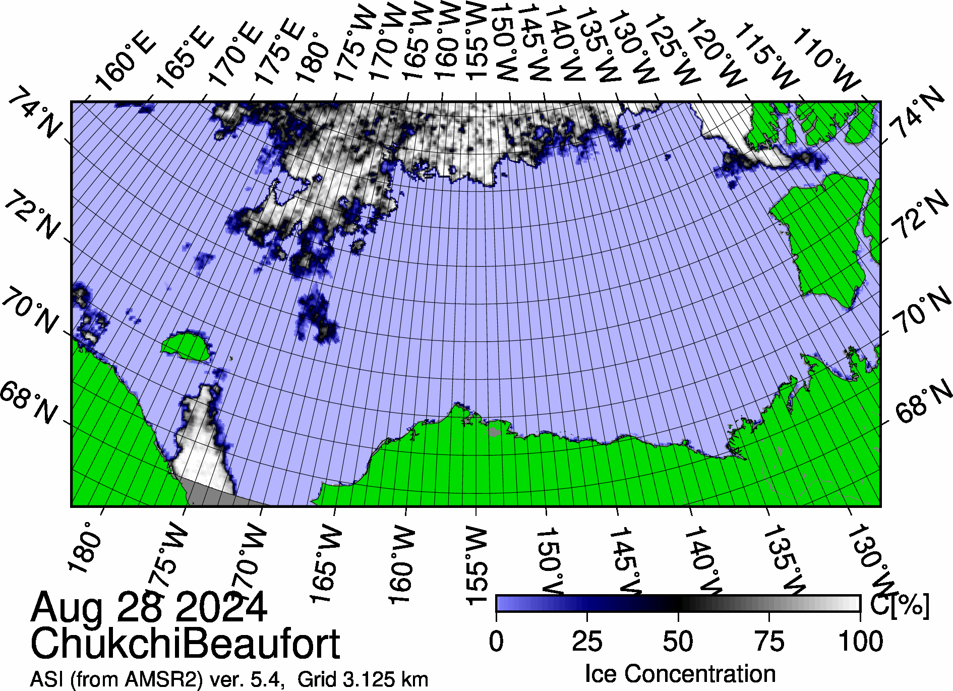 Most recent sea ice concentration map (8/28/2024-Source: https://seaice.uni-bremen.de/sea-ice-concentration/amsre-amsr2/)