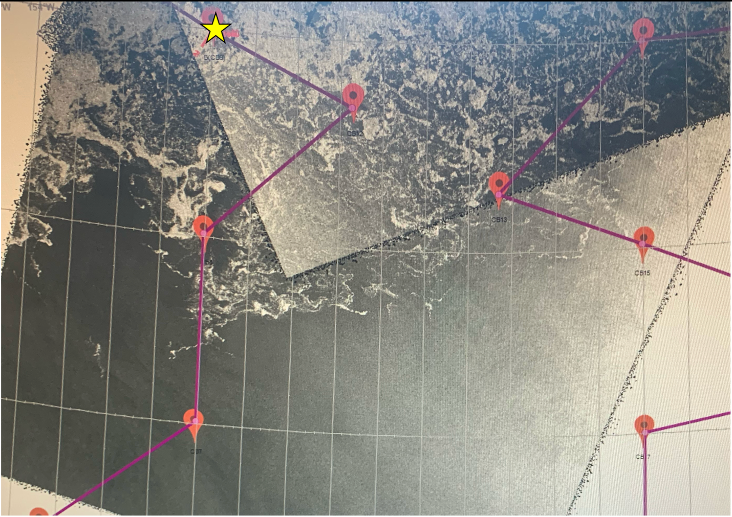 A satellite image of the sea ice pack with our location as the yellow star.