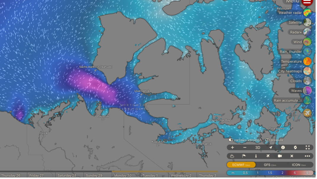 A map of the region showing wave height in meters (Source: https://www.windy.com/-Waves-waves?waves,71.336,-121.201,5) 