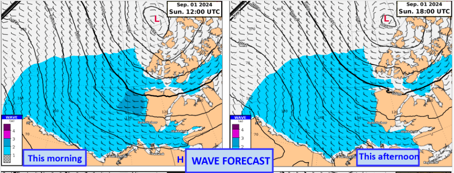 Wave map from the weather/ice specialist on board, where the color bar in the bottom left shows wave height in meters, the wind vectors are shown, and the low pressure system is identified.