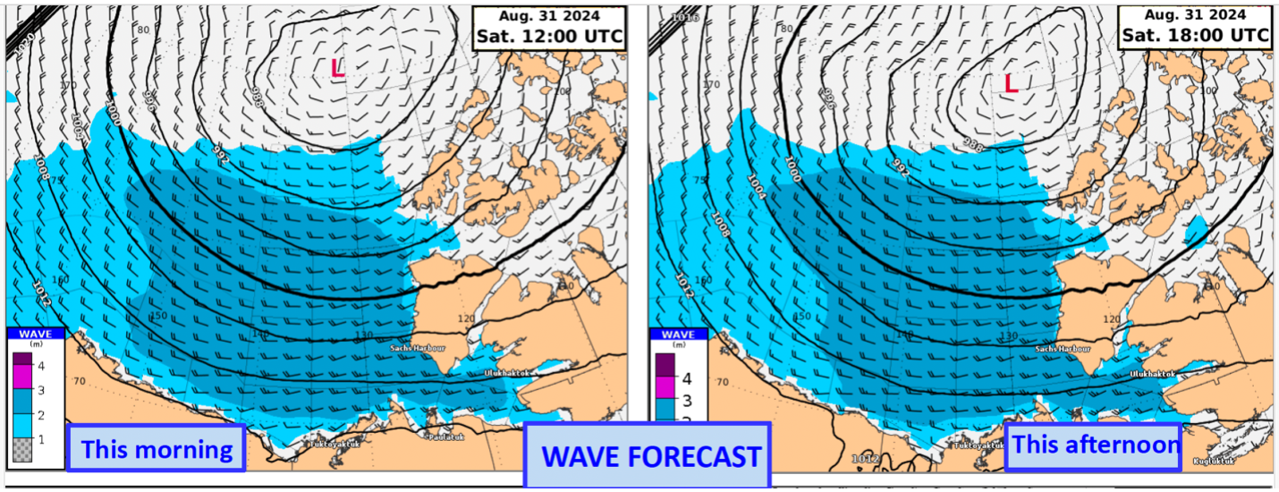 Wave map from the weather/ice specialist on board, where the color bar in the bottom left shows wave height in meters, the wind vectors are shown, and the low pressure system is identified.