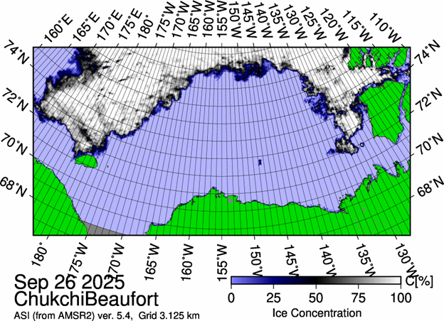 Figure 1: The most recent sea ice concentration map for the Beaufort and Chukchi Seas (Source: https://data.seaice.uni-bremen.de/databrowser/). 
