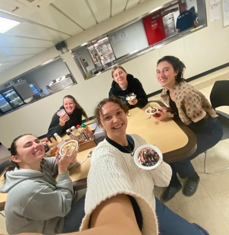 Photo 4: (left to right) Magali Pucet, Paige Hagel, Collette Leclerc, Dominique Baker, and Marguerite Larriere enjoying their Sunday Sundaes! Photo by Collette Leclerc. 