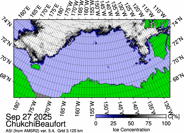 Figure 1: The most recent sea ice concentration map for the Beaufort and Chukchi Seas (Source: https://data.seaice.uni-bremen.de/databrowser/). 
