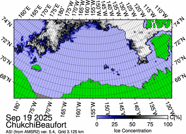 The most recent sea ice concentration map for the Beaufort and Chukchi Seas (Source: https://data.seaice.uni-bremen.de/databrowser/). 