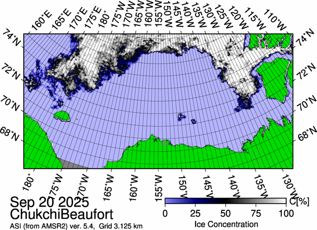 Figure 1: The most recent sea ice concentration map for the Beaufort and Chukchi Seas (Source: https://data.seaice.uni-bremen.de/databrowser/). 