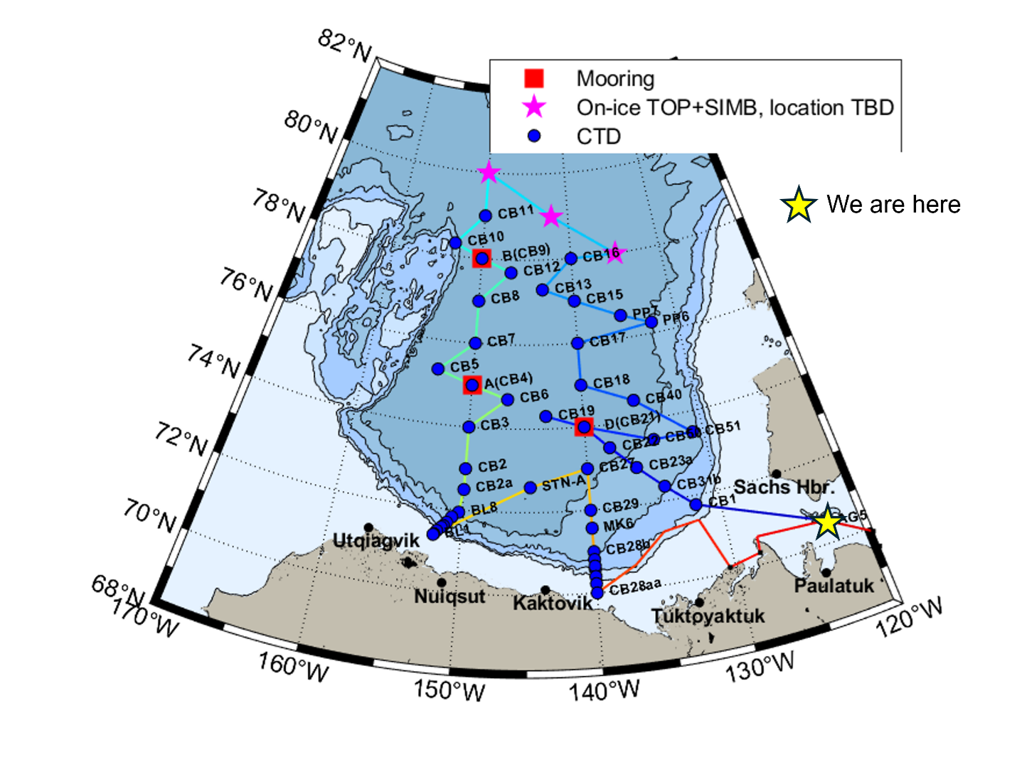 Figure 2: Map showing our current location along the planned 2025 cruise track. 