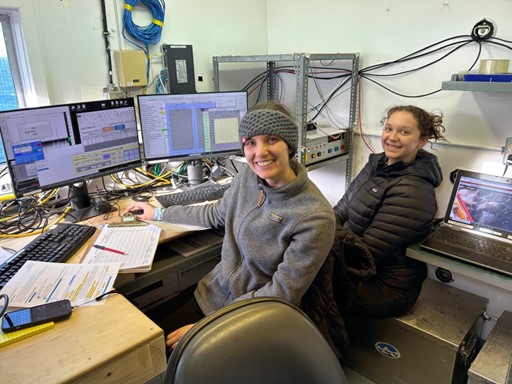 Photo 3: CTD operators Jennifer Kosty (left) and Collette LeClerc (right) posing before the geochemical cast at AG-5. Photo by Sarah Zimmerman. 