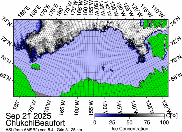 Figure 1: The most recent sea ice concentration map for the Beaufort and Chukchi Seas (Source: https://data.seaice.uni-bremen.de/databrowser/). 