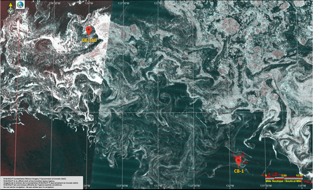 Figure 3: RCM satellite imagery of sea ice between stations CB-1 and CB-31b. Figure courtesy of Kyle McDougall and the Canadian Ice Service. 