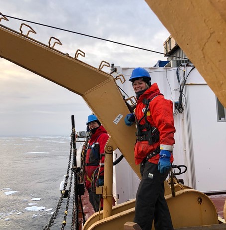Photo 4: Paige Hagel and Magali Pucet waiting for the CTD rosette to return to the surface. Photo by Marguerite Larriere. 
