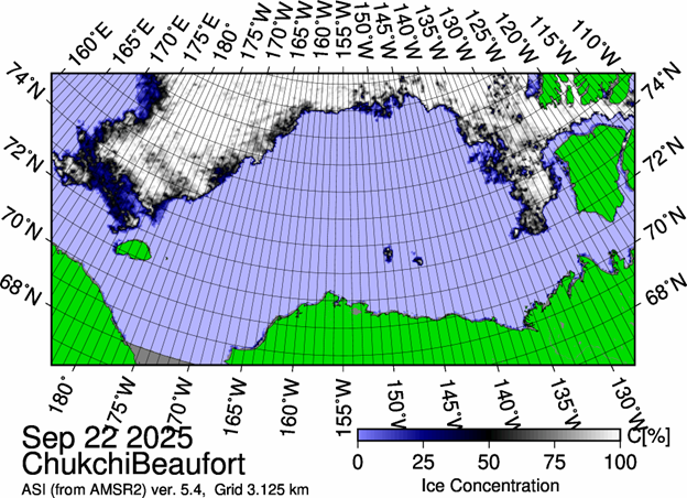 Figure 1: The most recent sea ice concentration map for the Beaufort and Chukchi Seas (Source: https://data.seaice.uni-bremen.de/databrowser/). 