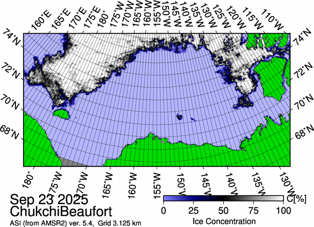 Figure 1: The most recent sea ice concentration map for the Beaufort and Chukchi Seas (Source: https://data.seaice.uni-bremen.de/databrowser/). 