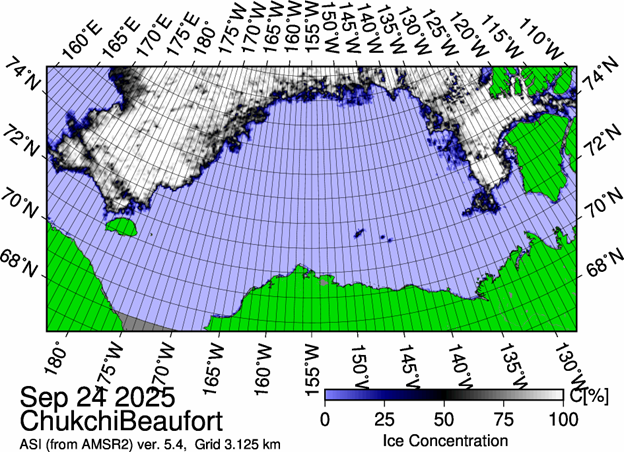 Figure 1: The most recent sea ice concentration map for the Beaufort and Chukchi Seas (Source: https://data.seaice.uni-bremen.de/databrowser/). 