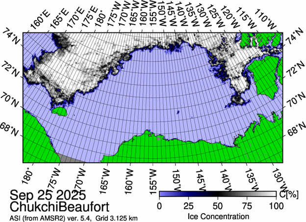 Figure 1: The most recent sea ice concentration map for the Beaufort and Chukchi Seas (Source: https://data.seaice.uni-bremen.de/databrowser/). 