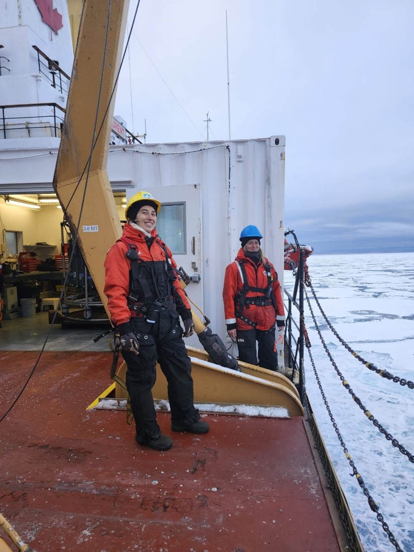 Photo 1: Marguerite Larriere and Paige Hagel before the CTD rosette was deployed at CB-51. Photo by Magali Pucet.  