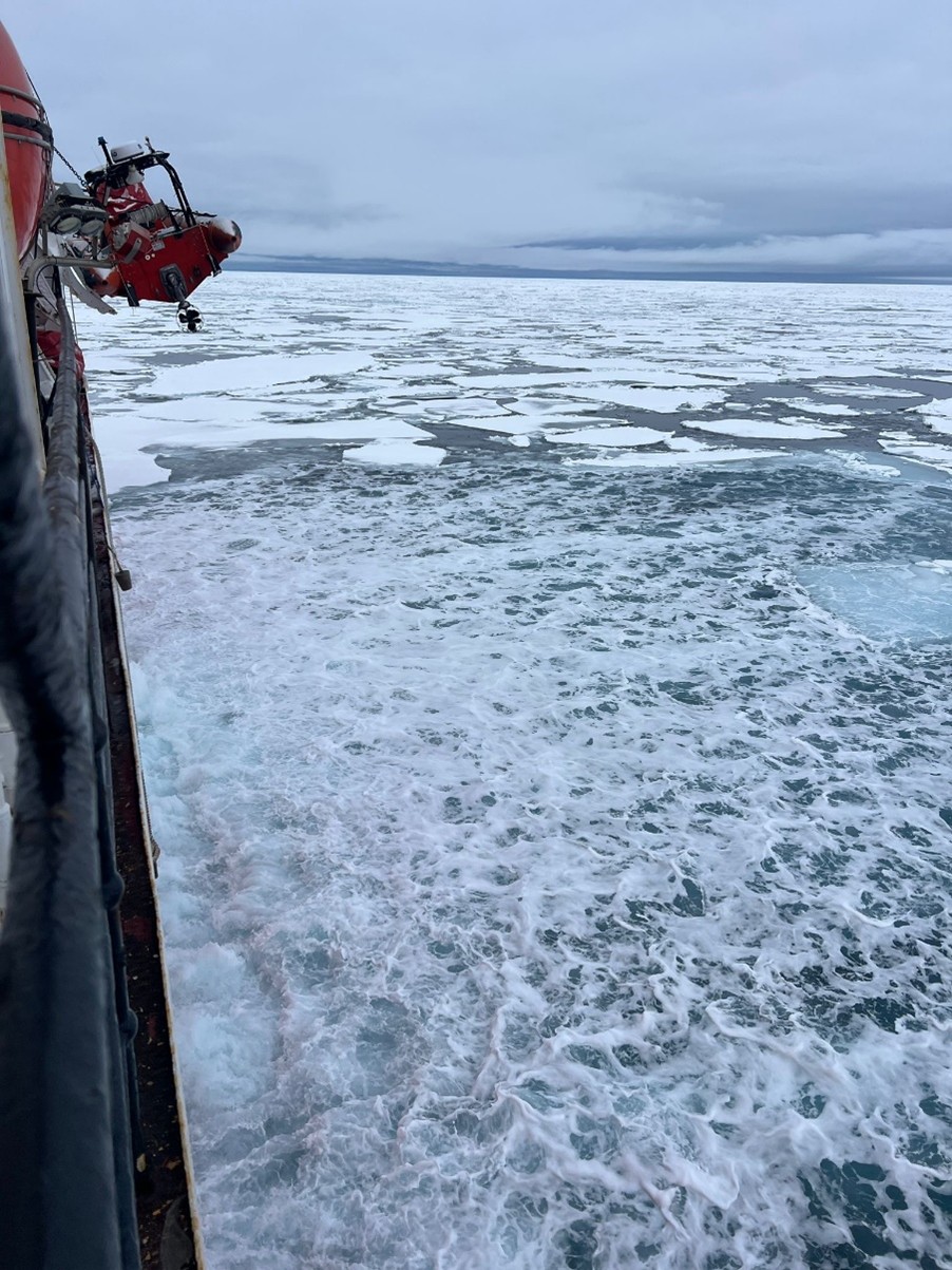 Photo 3: The bubbler being used to keep sea ice away from the CTD wire. Photo by Annabel Payne. 