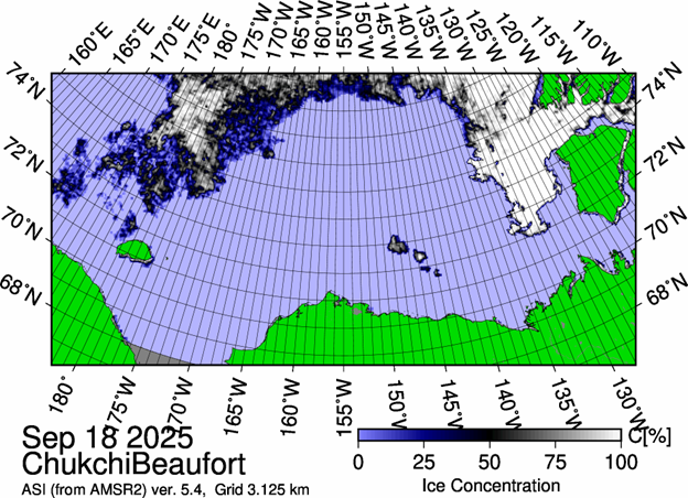 The most recent sea ice concentration map for the Beaufort and Chukchi Seas (Source: https://data.seaice.uni-bremen.de/databrowser/). 