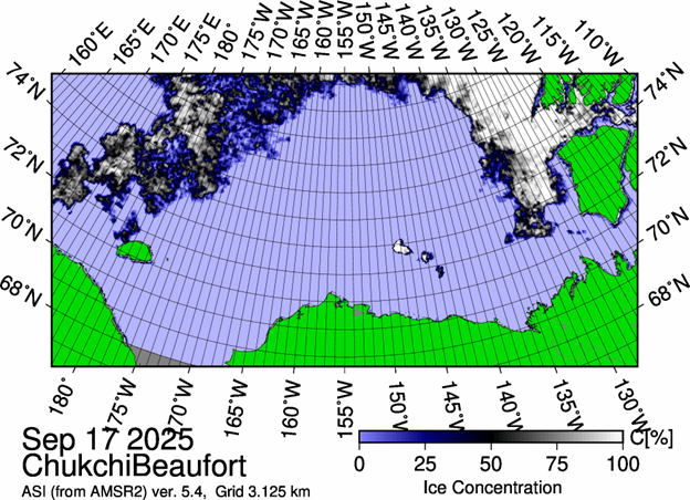 The most recent sea ice concentration map for the Beaufort and Chukchi Seas (Source: https://data.seaice.uni-bremen.de/databrowser/). 