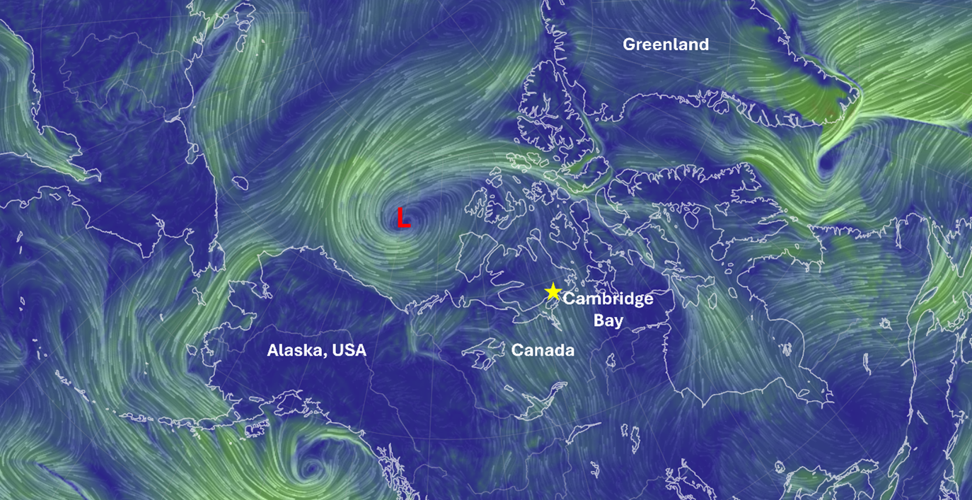A low-pressure system sitting over the central Beaufort Sea on September 20, 2025. (Source: https://earth.nullschool.net/)