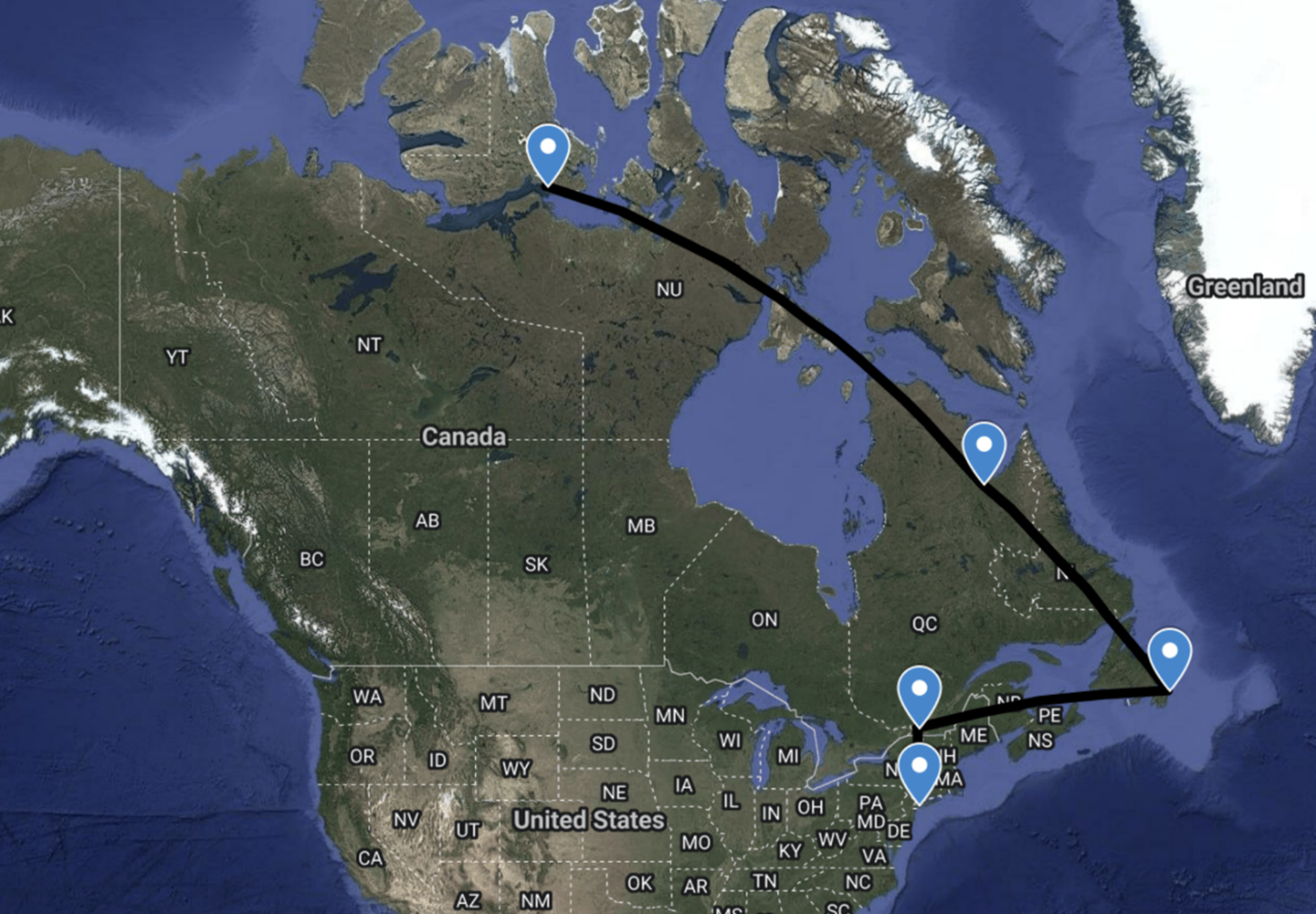 Airports visited on the journey from Yale University to Cambridge Bay.