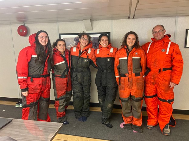 Members of the science team (left to right: Magali Pucet, Annabel Payne, Collette LeClerc, Marguerite Larriere, Jennifer Kosty, Andrew Ross) trying on their mustang suits.