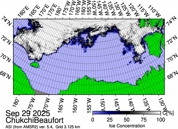 Figure 1: The most recent sea ice concentration map for the Beaufort and Chukchi Seas (Source: https://data.seaice.uni-bremen.de/databrowser/). 