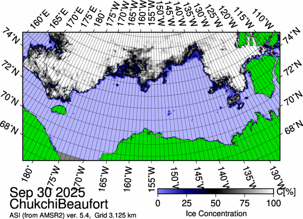 Figure 1: The most recent sea ice concentration map for the Beaufort and Chukchi Seas (Source: https://data.seaice.uni-bremen.de/databrowser/). 