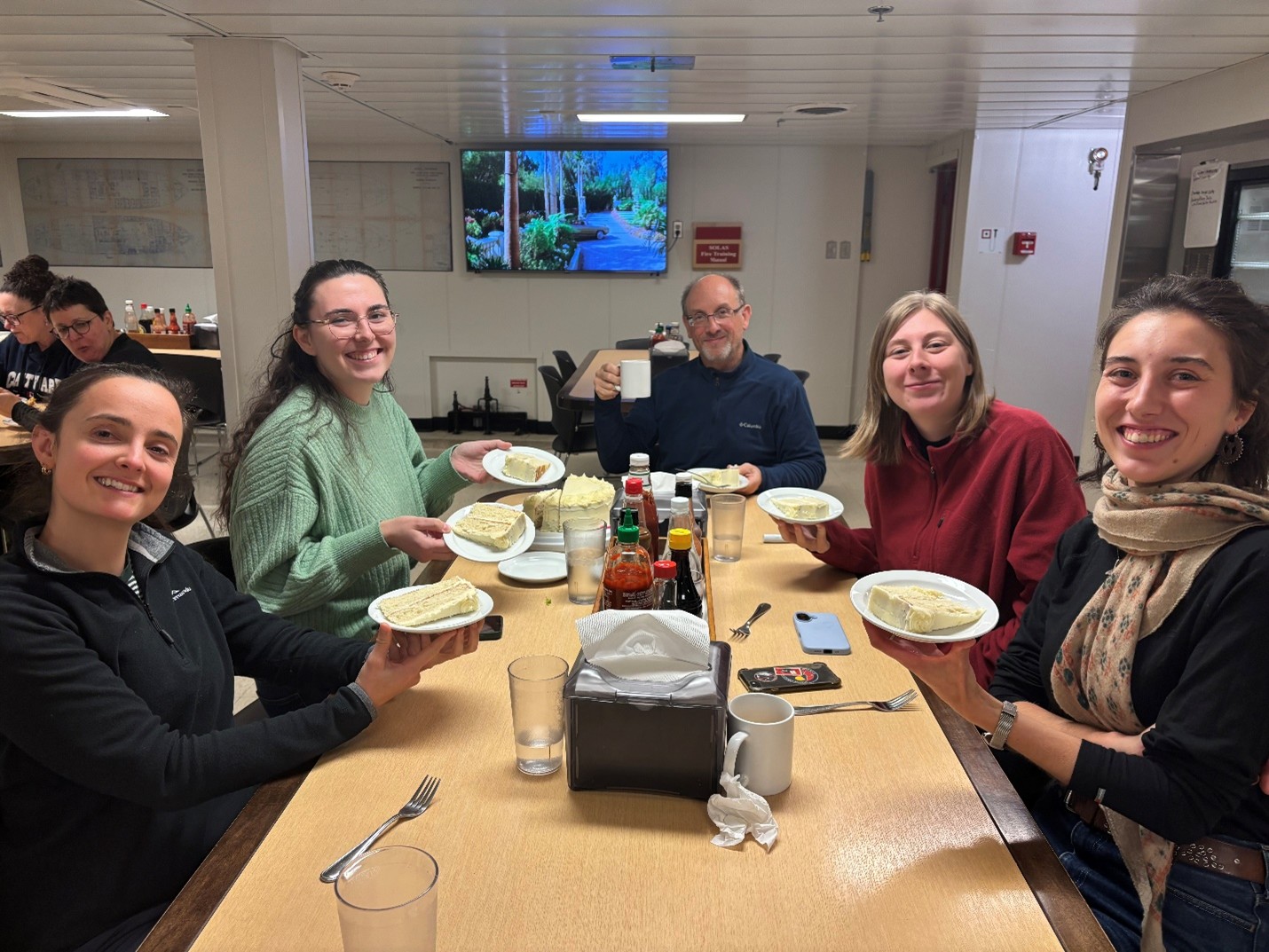 Photo 6: Happy Birthday to Magali Pucet! The kitchen prepared a beautiful cake for Magali which we all enjoyed at lunch. (left to right: Annabel Payne, Magali Pucet, Andrew Ross, Dominique Baker, Marguerite Larriere). 