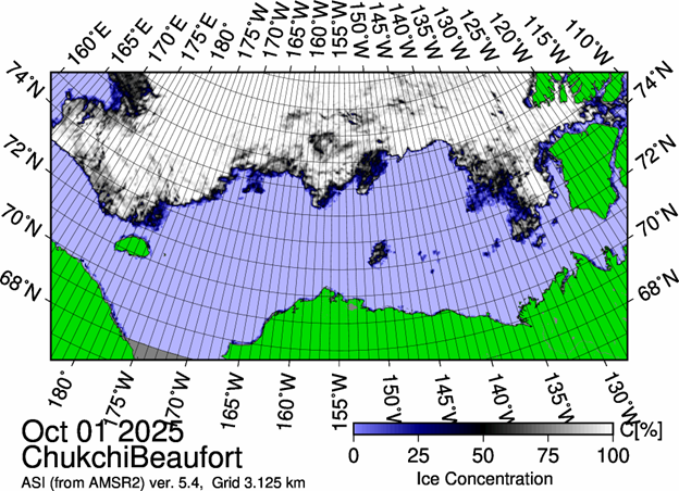 Figure 1: The most recent sea ice concentration map for the Beaufort and Chukchi Seas (Source: https://data.seaice.uni-bremen.de/databrowser/). 