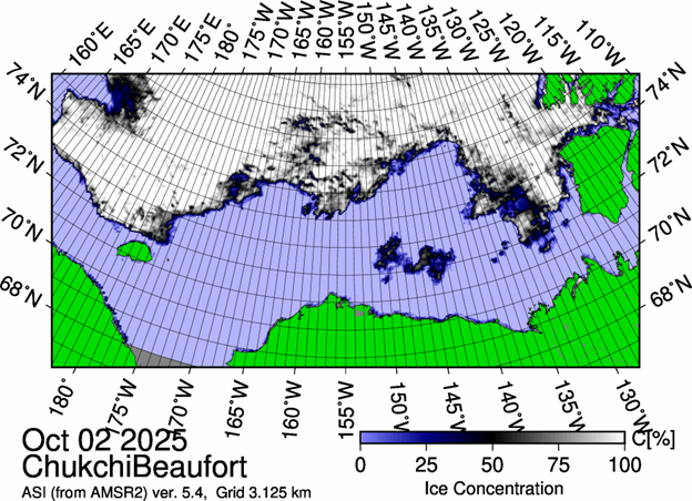 Figure 1: The most recent sea ice concentration map for the Beaufort and Chukchi Seas (Source: https://data.seaice.uni-bremen.de/databrowser/). 