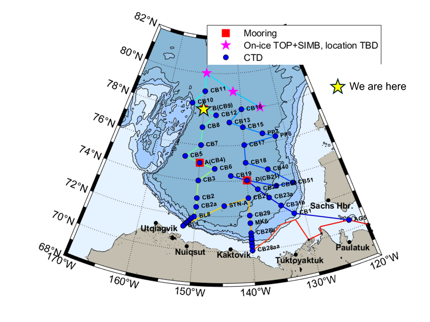 Figure 2: Map showing our current location along the planned 2025 cruise track. 