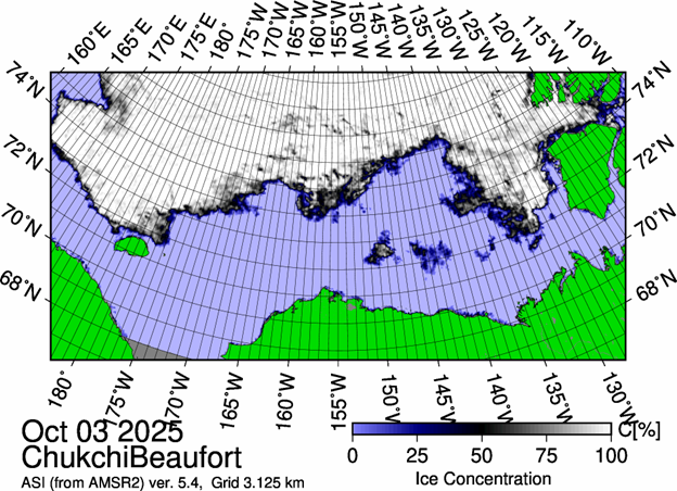 Figure 1: The most recent sea ice concentration map for the Beaufort and Chukchi Seas (Source: https://data.seaice.uni-bremen.de/databrowser/). 