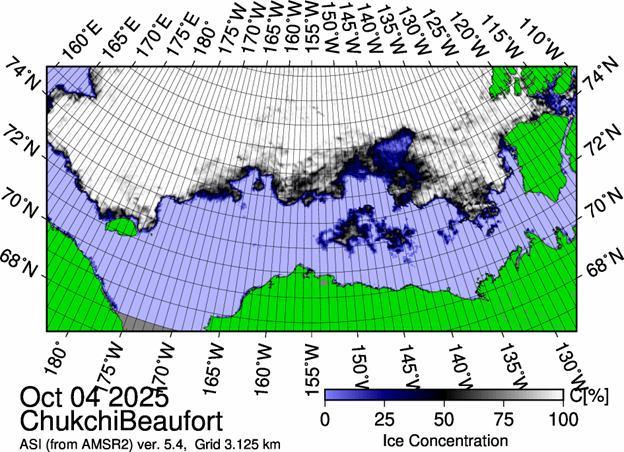 Dispatch18Figure1 Figure 1: The most recent sea ice concentration map for the Beaufort and Chukchi Seas (Source: https://data.seaice.uni-bremen.de/databrowser/).