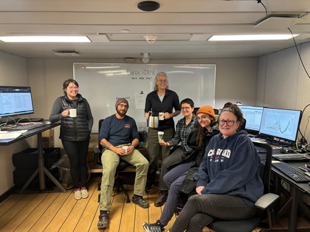 Dispatch18Photo4 Photo 4: (left to right) Erinn Raftery, Chris Clarke, Sarah Zimmermann, Céline Guéguen, Annabel Payne, and Sarah-Ann Quesnel working at the “data café”!