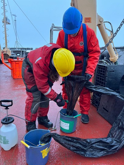 Dispatch25Photo3 Photo 3: Annabel Payne (left) and Andrew Ross (right) rinsing off the Bongo sampling nets.