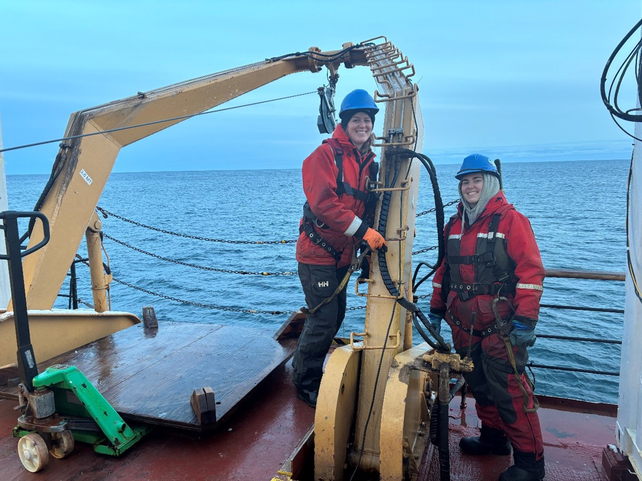 Dispatch26Photo1 Photo 1: Paige Hagel (left) and Magali Pucet (right) posing on deck after deploying the CTD rosette at BL-1.