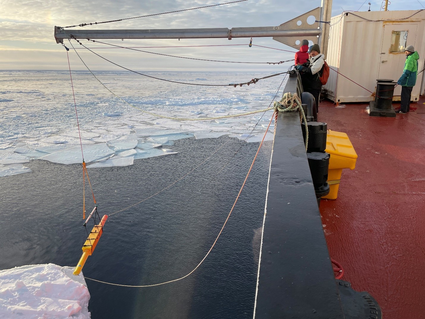 Dispatch29Photo3 Photo 3: The EM-31 sea ice thickness sensor deployed over the Louis’ port side. Photo by Paul Macoun.