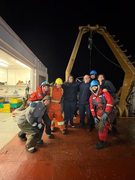 Dispatch30Photo1 Photo 1: (left to right) Michiyo Yamamoto-Kawai, Marguerite Larriere, leading deckhand Dave Pike, second officer Dominique Rennie, leading deckhand Greg Reid, Paige Hagel, Magali Pucet, and Collette Leclerc after our final CTD rosette cast! Photo by Dominique Baker.